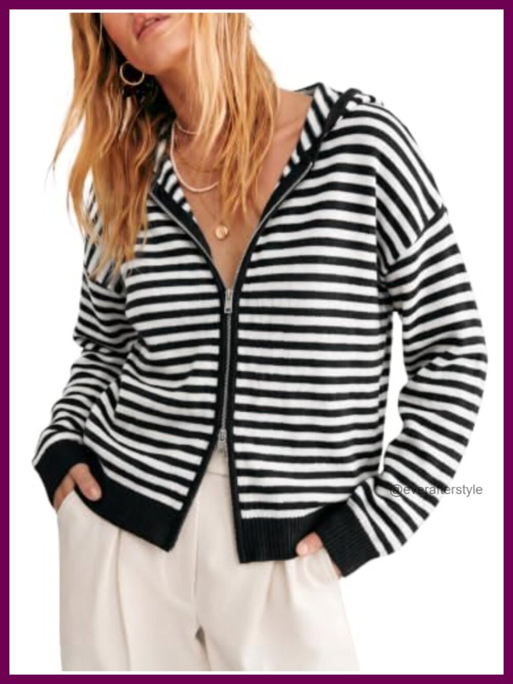 Striped Hooded Zip Up Knit Long Sleeve Cardigan Sweater Loose Fit Casual